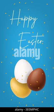 Happy Easter blue banner with golden, white and chocolate eggs. Festive 3D holiday background Stock Vector