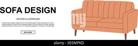 Flat soft pastel sofa design and text. Modern furniture illustration for interior branding and design promotion. Stock Vector