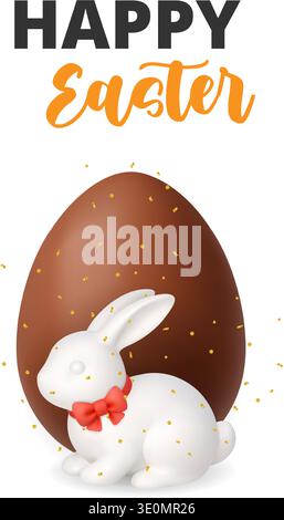 Happy Easter greeting card with white bunny and large chocolate egg. Cute 3D holiday composition on white background Stock Vector
