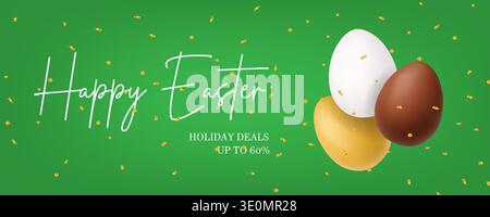 Happy Easter promotional banner with golden, white and chocolate eggs. Spring holiday sale background Stock Vector