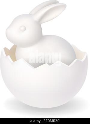 White bunny sitting inside cracked egg shell. Minimal 3D Easter rabbit illustration Stock Vector