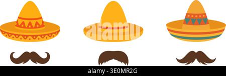 Mexican sombrero hats and mustache icons set for fiesta designs Stock Vector