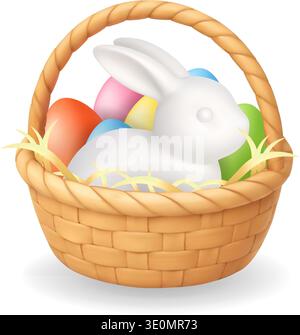 Easter basket with colorful eggs and white bunny. 3D spring illustration Stock Vector