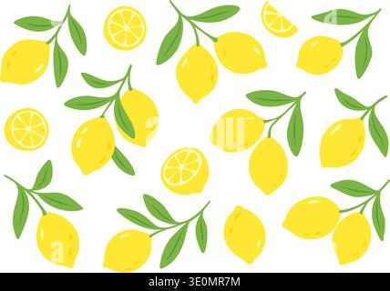 Lemons and slices with green leaves in flat vector style Stock Vector
