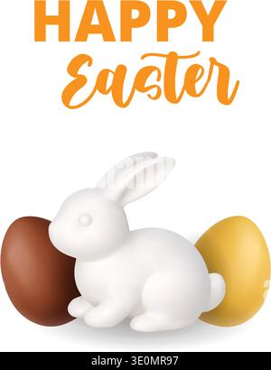 Happy Easter greeting card with bunny and decorative eggs. Minimal 3D holiday composition Stock Vector
