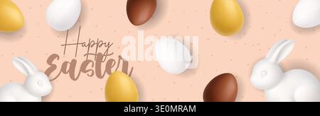 Happy Easter banner with bunny, chick and decorative eggs. Soft 3D spring holiday background Stock Vector