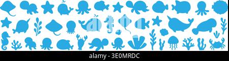 Cartoon ocean animal set. Tropical fish, kawaii style marine creatures, corals, and plants for kids creative projects Stock Vector