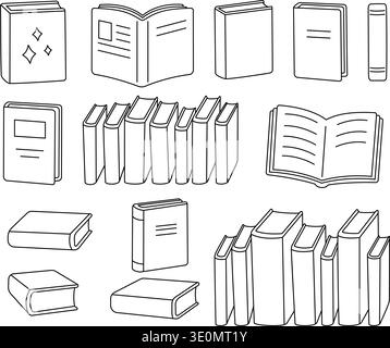 Outline books icons in various poses and stacks. Minimalist black line illustration for reading and literature themes Stock Vector