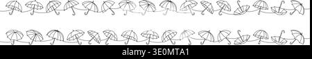 Minimalist linear outline of umbrellas in two long seamless rows, abstract flowing contour illustration of rain protection Stock Vector