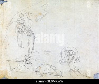 This 18th-century sketch, a "Figure Composition Study" by George Romney, features loose graphite drawings of human figures, possibly for a larger painting. The British artist's characteristic fluid lines capture various poses and arrangements, reflecting his Rococo and Neoclassical influences. Stock Photo