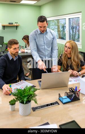 Business people collaborating on a laptop during a meeting in coworking office located in the forest Stock Photo
