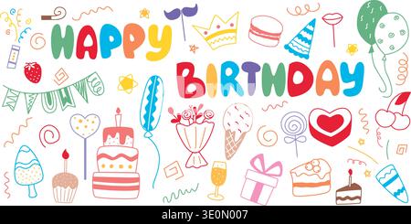 Bright colorful set of holiday attributes. Happy Birthday clip art bundle in doodle sketch style. Cute hand drawn illustrations including cake Stock Vector
