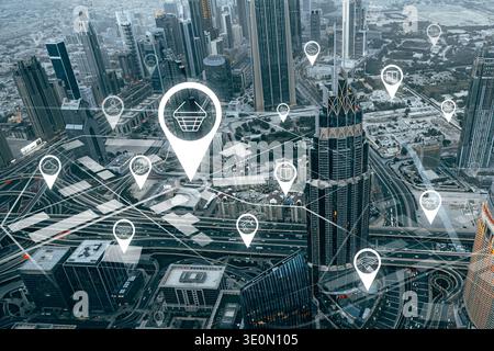 Digital network map shows urban areas with location markers and shopping options in Dubai Stock Photo