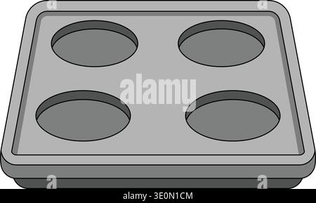 Flat top view illustration of a muffin pan with four circular cups in gray Stock Vector
