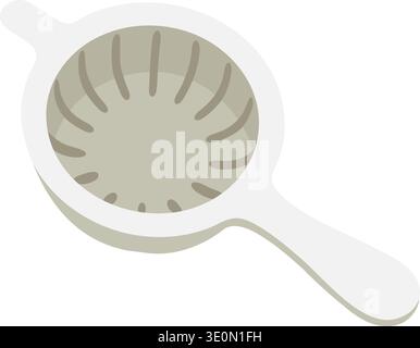 Flat illustration of a handheld strainer with round basket and handle in light gray Stock Vector