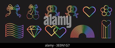 Whimsical rainbow neon Pride icons featuring hand-drawn hearts, bows, and gender symbols. Inclusive LGBTQ graphic set with vibrant gradient line art Stock Vector
