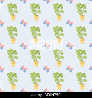 Monstera Plants and Butterflies Pattern Stock Vector