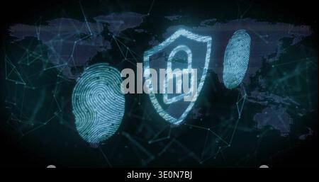 Glowing centered shield showing padlock, glowing cyan in security dashboard with fingerprint scans Stock Photo