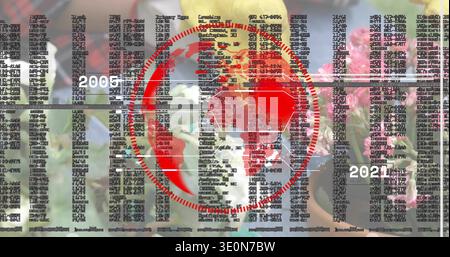 Displaying central red globe intersecting horizontal timeline at florist counter, with data columns Stock Photo