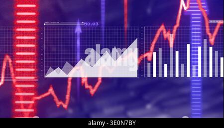 Showing translucent grid with gray area and white bars on digital dashboard, red waveform, 50 Stock Photo