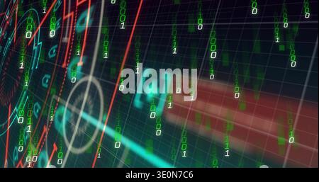 Displaying central holographic data cascading green binary over dark grid plane, with cyan reticle Stock Photo