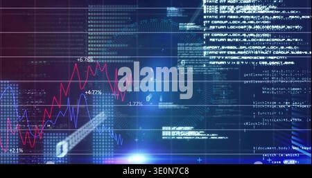Displaying dashboard in virtual control interface, showing red and blue charts, scanlines, code Stock Photo