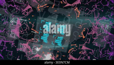 Glowing central cyan bar-chart cluster sitting on striped grid, showing dotted world-map and nodes Stock Photo