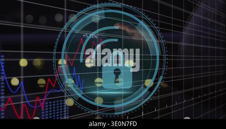 Displaying circular blue HUD with padlock, concentric dotted rings on glass, red-blue charts +5 Stock Photo