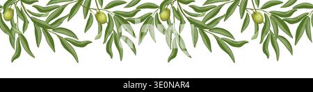 Olive branches with fruit seamless border. Upper vector hand drawn divider illustration for cafe and restaurant template. Italian food cartoon repeat drawing perfect for product packaging graphic. Stock Vector