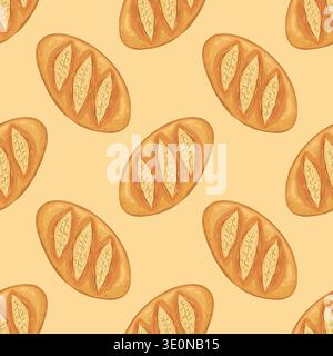Bread loaf vector seamless pattern. Hand drawn crusty bakery baguette on yellow background. Organic wheat grain for kitchen menu design. Natural rustic textile print for wallpaper and food packaging. Stock Vector
