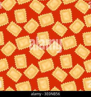 Ravioli pasta vector seamless pattern. Hand drawn agnolotti scattered on red background. Traditional italian food for restaurant menu design. Culinary kitchen ornament for wallpaper and packaging. Stock Vector