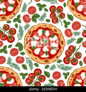 Pizza Napolitana with tomato vector seamless pattern. Hand drawn top view art on white background. Traditional italian food for pizzeria menu design. Culinary kitchen ornament for paper and textile. Stock Vector