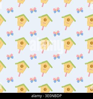 Seamless pattern with yellow birdhouses and colorful butterflies on light blue background, whimsical design for textiles, wallpapers, children s decor Stock Vector