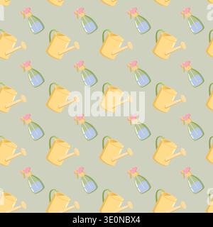 Seamless gardening pattern with yellow watering can and pink spray bottle on light green background, cheerful design for plant care, eco themes, wrapp Stock Vector