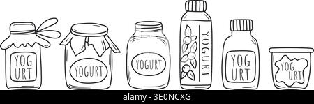 Hand drawn set of yogurts in various packaging. Icons of milky drinking and thick yogurts, with and without fruit, in doodle sketch style. Fermented Stock Vector