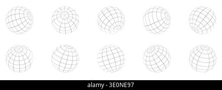 Globe grid spheres. Striped 3D spheres, geometry globe grid, Striped 3D orbs, Earth longitude and latitude line wireframe spheres, Earth globe hemispheres set. Geometry globe grid,. Vector illustration Stock Vector