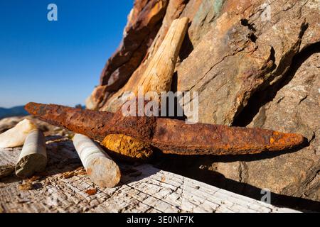An old pick axe and some mining core samples are remenants of the abandoned Lucky Four Mine. Stock Photo