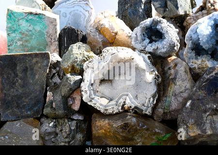 Minerals: quartz, celestine, labradorite in a shop of Antsirabe. Madagascar. Stock Photo