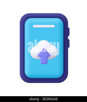Smartphone with cloud and purple upload arrow on blue screen. Data upload, cloud storage, synchronization, online backup and cloud computing concept. Stock Vector