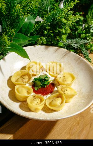 dumplings with sour cream and sauce Stock Photo