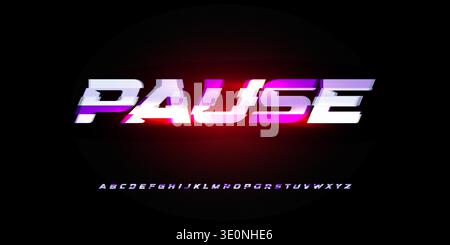 Pause Button Digital Sport Alphabet Font Gradient Vibrant Glow Red Neon Glitch Futuristic Typography, Gaming Cyberpunk Headline, UI Interface Dynamic Stock Vector