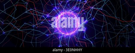 Glowing blue energy circle with network lines, futuristic digital portal, cyber interface background. Technology banner, presentation cover, website Stock Vector