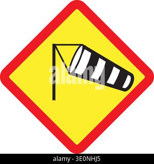 Crosswind warning road sign with red triangle on yellow background and cone shape for caution in case of strong gusts of wind Stock Vector