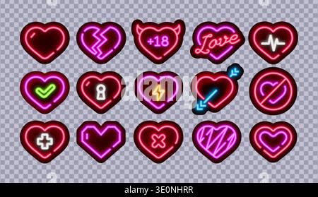 Neon heart sticker set with various love symbols and glowing effects. Bright romantic icons including broken heart, lock, check mark and lightning Stock Vector