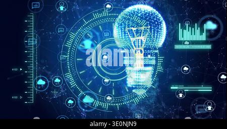 Displaying main low-poly lightbulb and concentric HUD pulsing in virtual network, with cloud icons Stock Photo