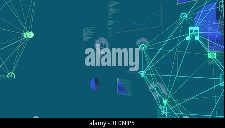 Displaying large spherical wireframe glowing on right in digital interface, with neon nodes Stock Photo