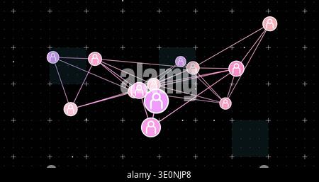 Displaying central cluster of pink purple nodes with thin links on black grid, showing person icon Stock Photo