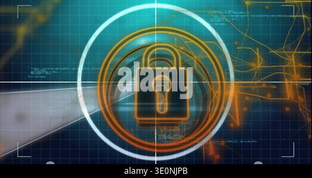 Displaying central padlock with keyhole glowing in virtual security HUD, showing rings, teal grid Stock Photo