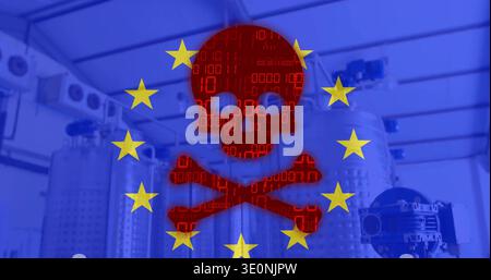 Displaying red binary skull-and-crossbones with twelve yellow stars over processing plant tanks Stock Photo