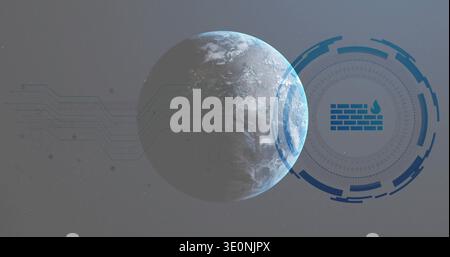 Showing Earth-like planet centered, displaying clouds in circular HUD with firewall icon Stock Photo